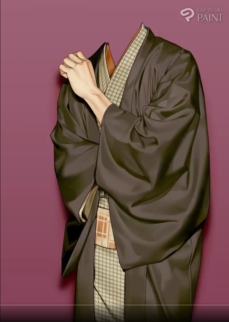 the image showcases a digitally illustrated depiction of a man wearing a traditional japanese kimono and hakama ensemble. the figure is headless, focusing the viewer's attention on the intricate details and draping of the garments. the kimono is a deep brown with a subtle sheen, while the hakama is a lighter shade, possibly beige or khaki, featuring a checkered pattern. the figure's left hand is raised, gently adjusting the collar of the kimono. the background is a muted pink, providing a neutral backdrop that allows the clothing's colors and textures to take center stage.