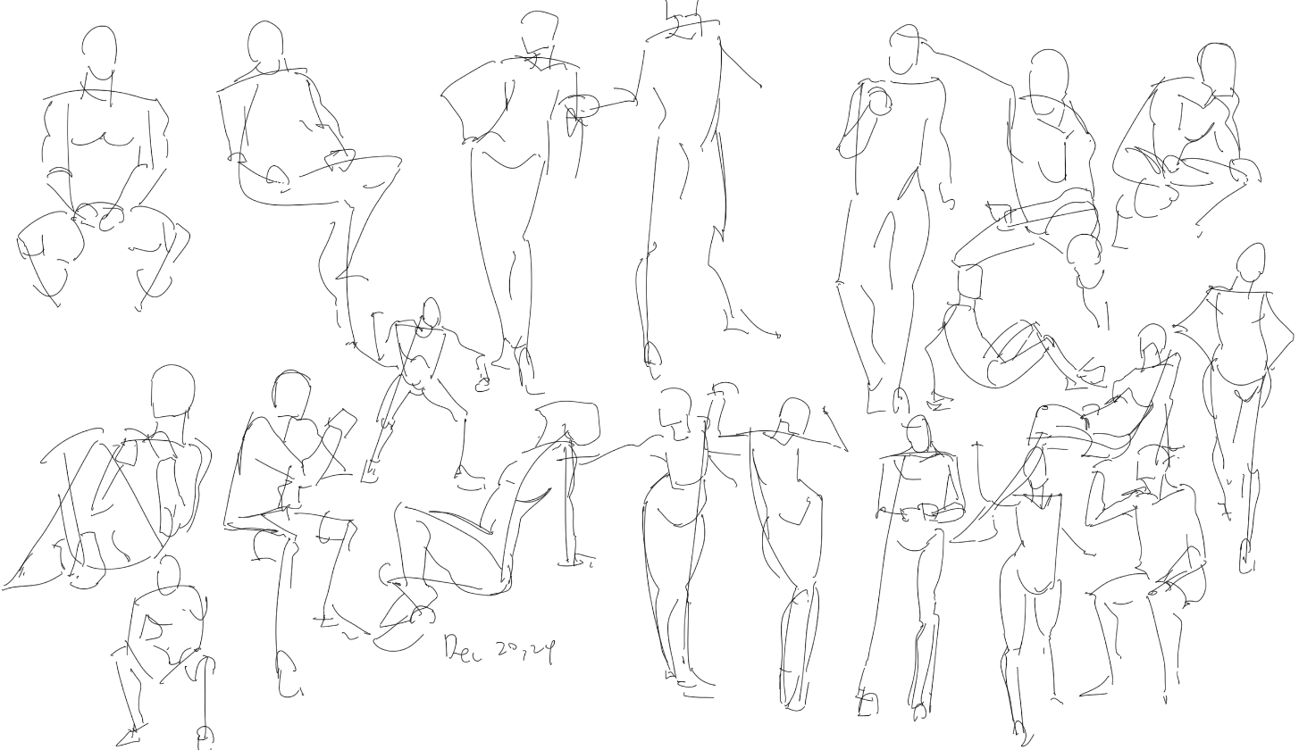 he image contains a collection of quick, gestural figure drawings.  the style is loose and expressive, emphasizing movement and form rather than precise detail. multiple figures are depicted in a variety of poses, both seated and standing, suggesting a study of human anatomy and movement. the drawings are done in a simple line style, predominantly black lines on a white background. a date, "dec 29, 2014," is visible in the lowercenter. the overall impression is one of spontaneous creativity and artistic exploration.