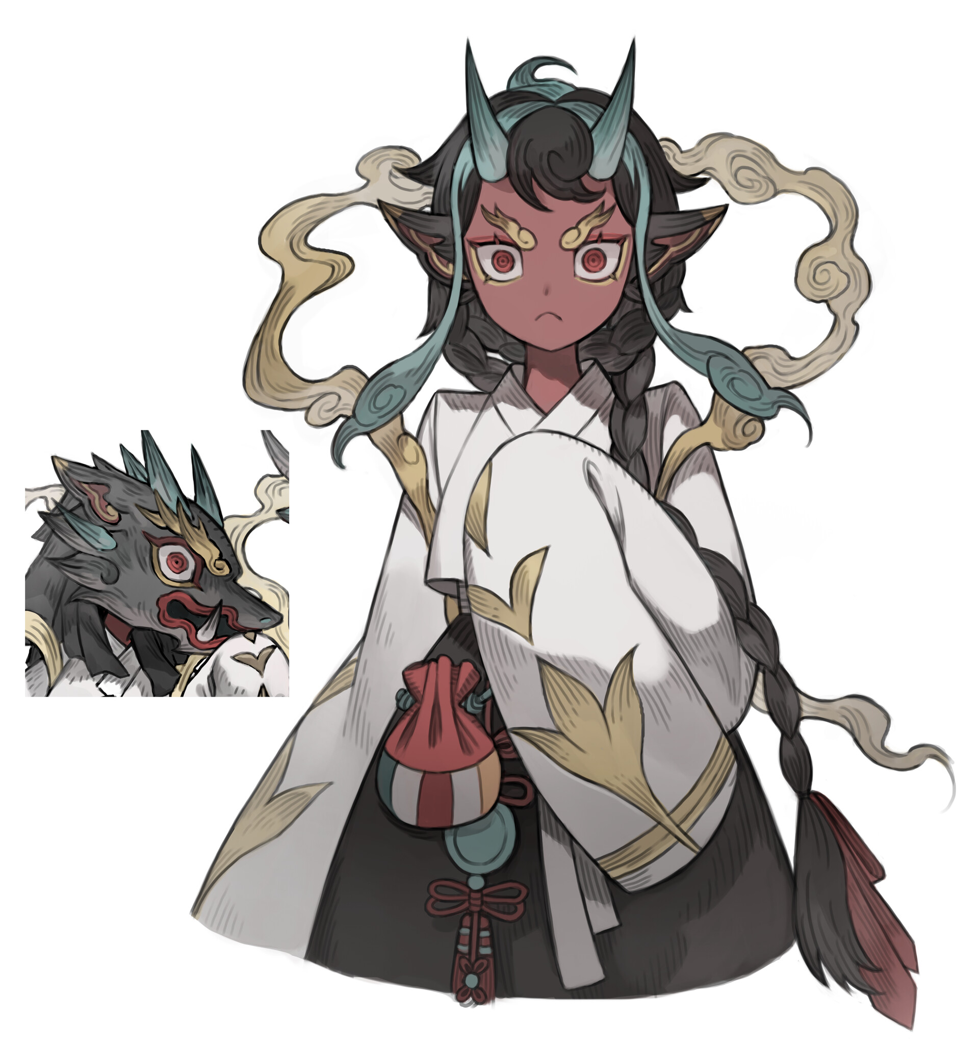 a digital illustration of a young woman styled as a japanese oni demon. she has horns, red skin, sharp teeth and a fierce expression. she wears a white and gold traditional robe and a red pouch hangs from her waist.  a smaller image of a wolflike oni head with similar horns and coloring is positioned to her left.