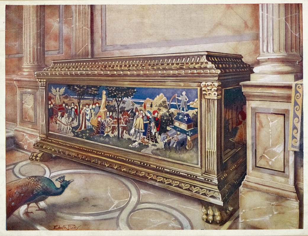 watercolor painting of an ornate sarcophagus between two marble columns, with a peacock in the foreground. the sarcophagus has a detailed painted panel depicting a historical procession with figures, animals, and monuments. the interior has a marble floor with circular designs. the painting is signed "edwin foley".