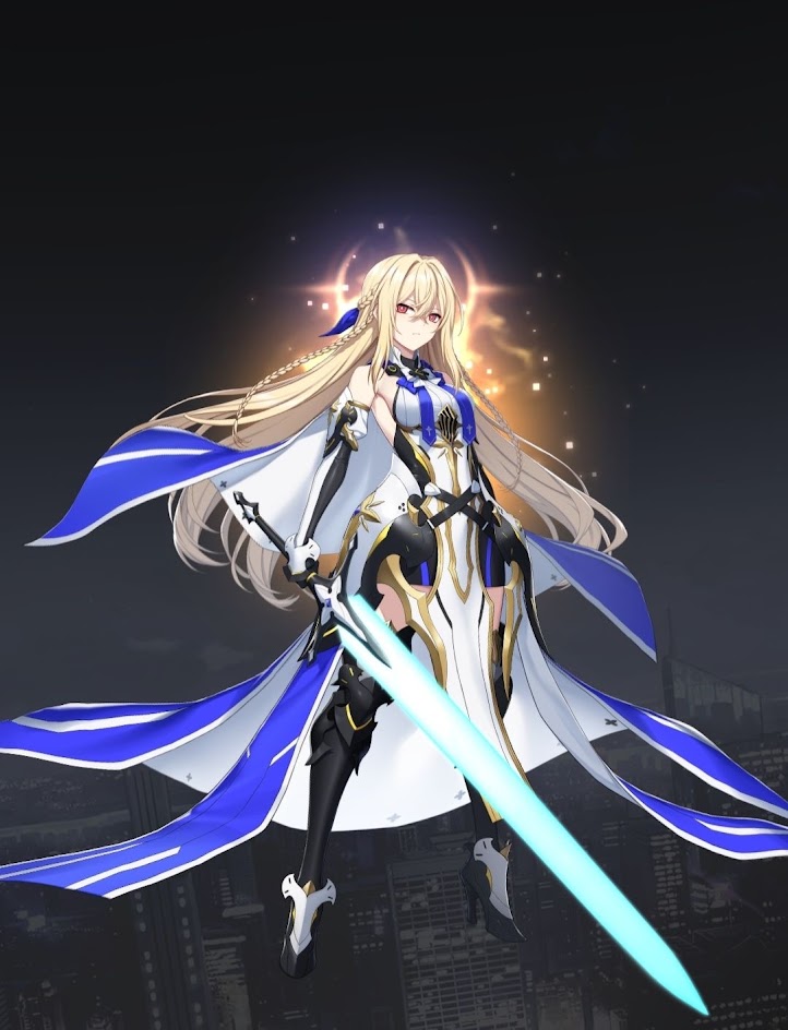 an anime girl, dressed in a white and blue knight armor, holds a glowing blue sword in front of her. she has long blonde hair and blue eyes and is standing in a pose ready to fight. she is in front of a dark city scape background with glowing lights.