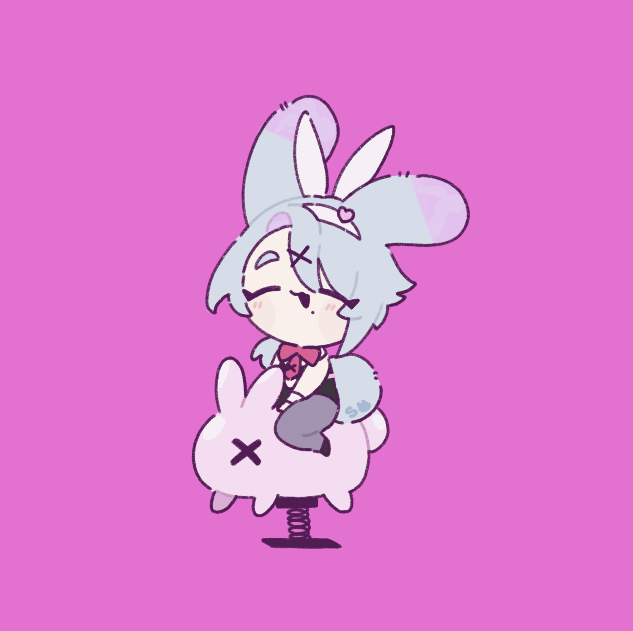 the image shows a cute, chibistyle anime girl with bunny ears and a bunnyshaped spring rider. she has light blue hair, a sweet expression, and is wearing a dark outfit with a bow tie. the overall style is kawaii and pastel, with a whimsical and playful feel. the background is a solid pink color.