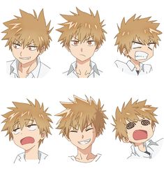 six drawings of the same male anime character's head and shoulders, displaying various expressions:  the top row shows the character grinning, neutral, and angry.  the bottom row shows the character with his mouth open as if surprised, smirking, and with his eyes spinning and mouth open in shock.
