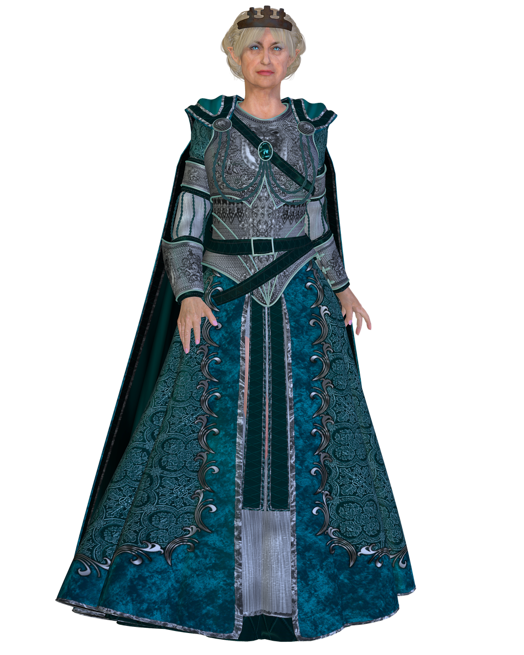 a full body portrait of a woman dressed in a fantasy costume. she is wearing a long, teal and silver gown with intricate patterns, armor on her chest and shoulders, a cape, and a headpiece. she has blonde hair and is standing against a black background.