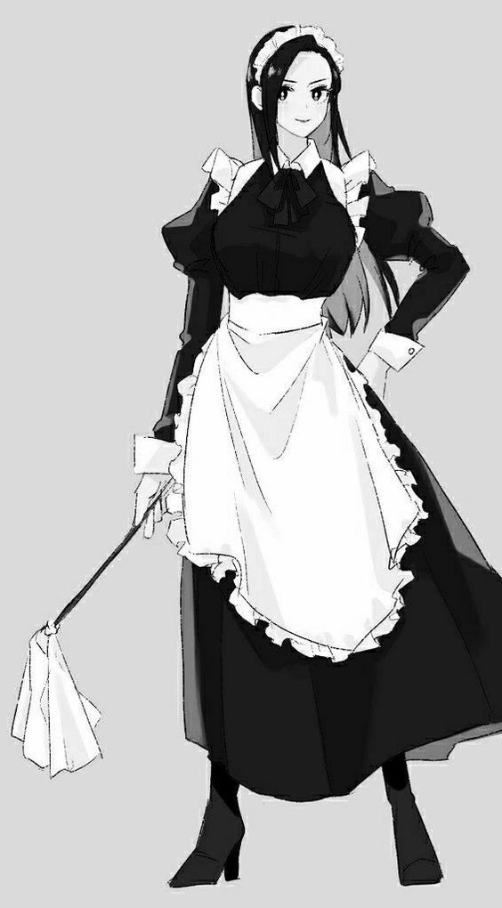 the image features a black and white illustration of a woman dressed in a classic maid uniform. she stands with confidence, holding a feather duster in her right hand. her expression is pleasant and welcoming. the drawing style appears to be inspired by anime or manga, with distinctive features and proportions.