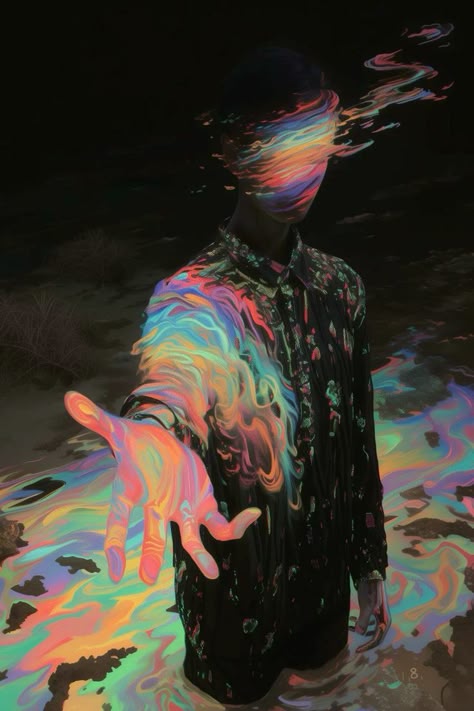 a surreal and psychedelic painting of a man with a rainbowcolored nebulalike pattern around their face and body. the man is standing in a pool of iridescent water, reaching out their hand towards the viewer. the painting has a dreamy and mystical atmosphere, with ethereal and otherworldly elements. the colors are vibrant and contrasting, creating a visually captivating image.