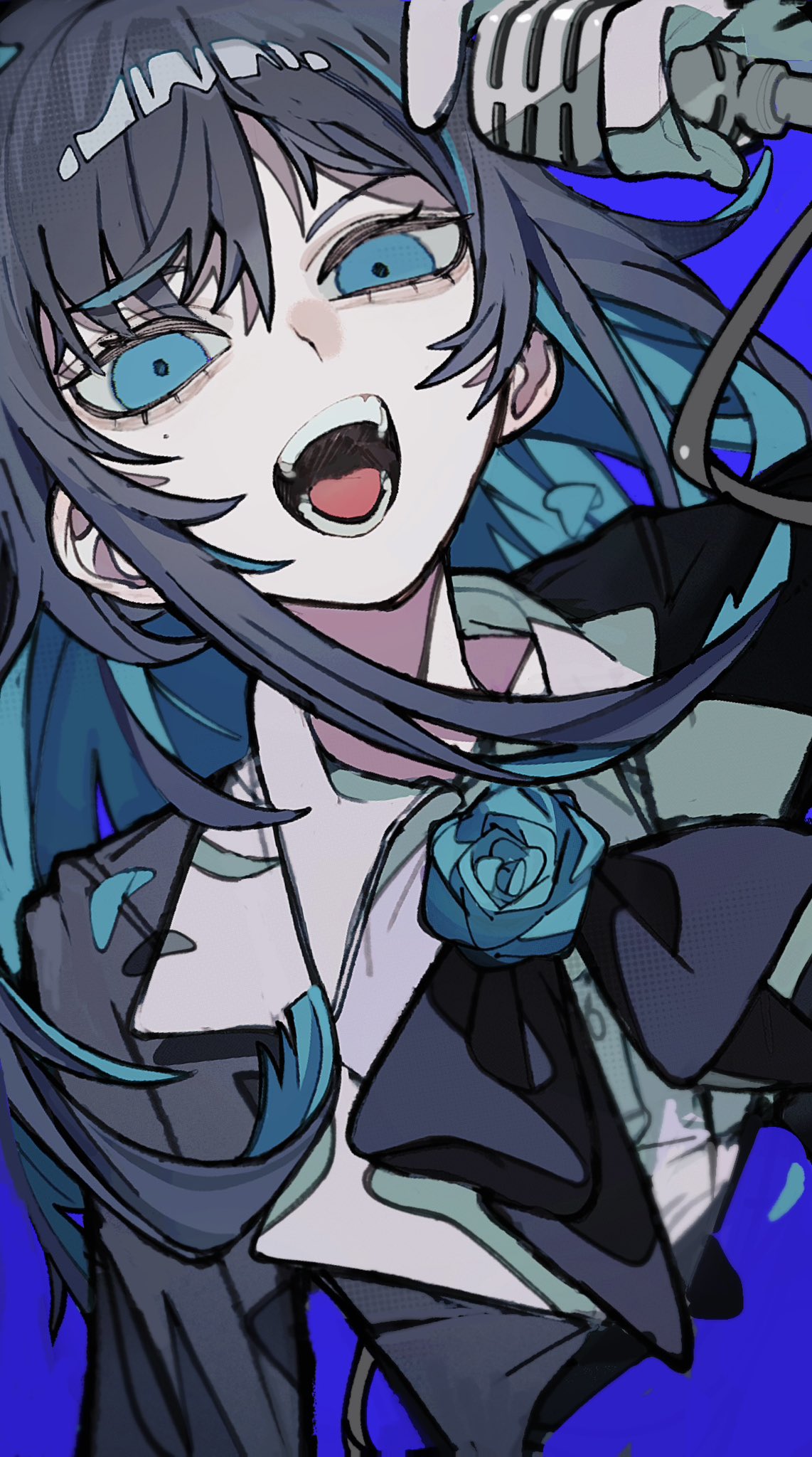 a closeup image of an anime girl with blue hair singing into a microphone. she's wearing a black and white jacket with a white collar and a blue rose. the background is purple and the image is drawn in a digital style.