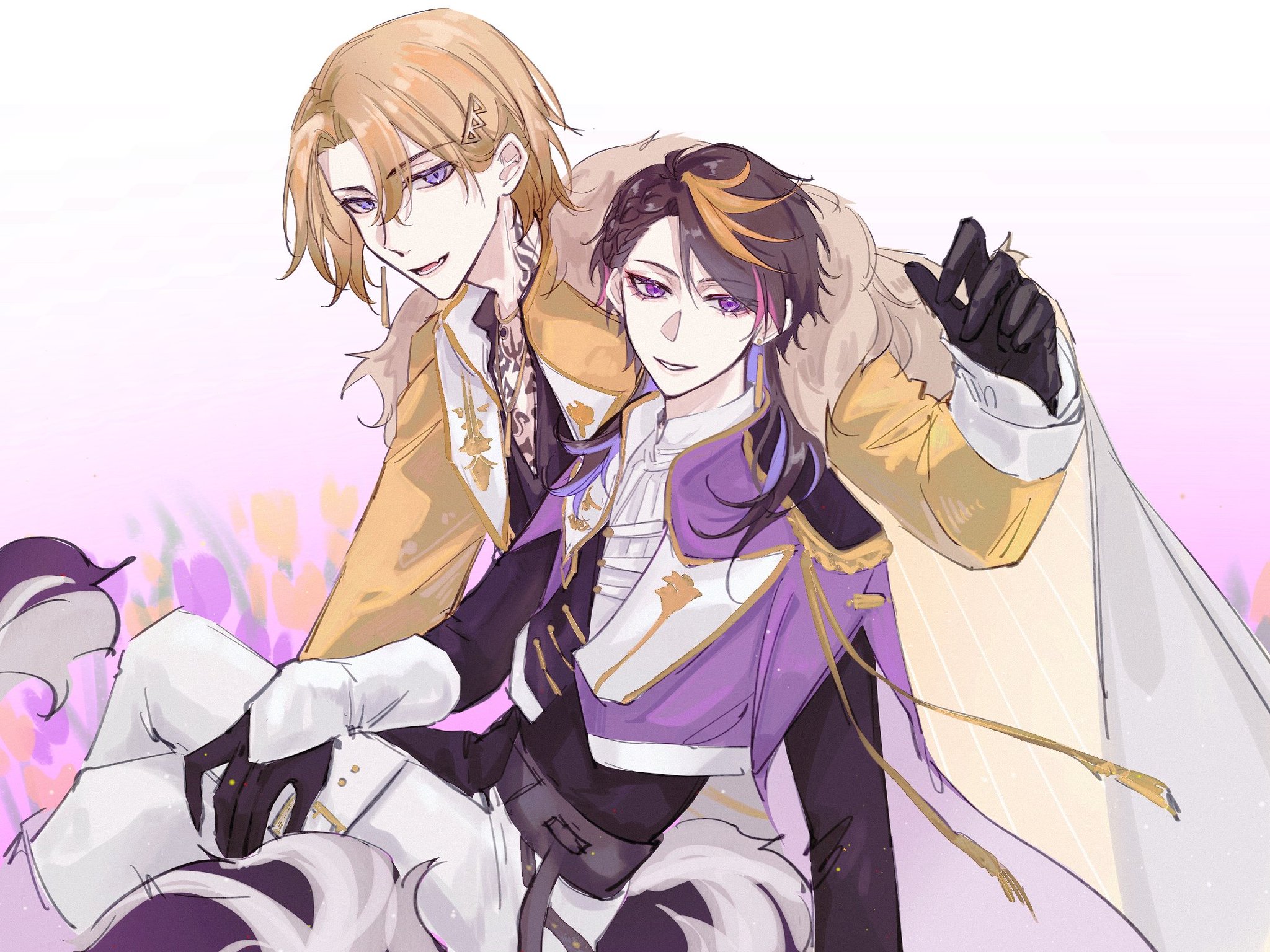 this is an anime image of two male characters. the character on the left is blonde and wearing a yellow outfit. the character on the right is wearing a purple outfit and has black and purple hair. they are hugging and smiling at each other. the background is a purple and white blur, with a few flowers visible.