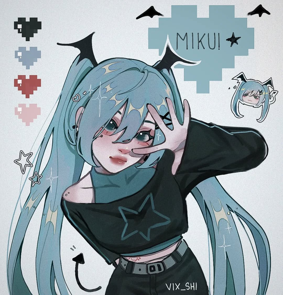 the image is a stylized digital fanart depicting a character strongly resembling hatsune miku.  the character has teal twintails with small devil horns, and is drawn in a cute, chibilike style. she wears a dark teal/black top with a star design, black pants and a belt.  her eyes are partially obscured by her hands, creating a playful, slightly shy expression. the artwork features a pastel goth aesthetic with a color palette of teals, blacks, and pinks. pixel art hearts and stars are included in the background,  along with a pixelated "miku!" text box. a smaller, simplified version of the character is shown in a corner. the artist's signature, "vix_shi," is visible in the bottom right corner. the overall style is soft and charming, with a balance of dark and light elements.