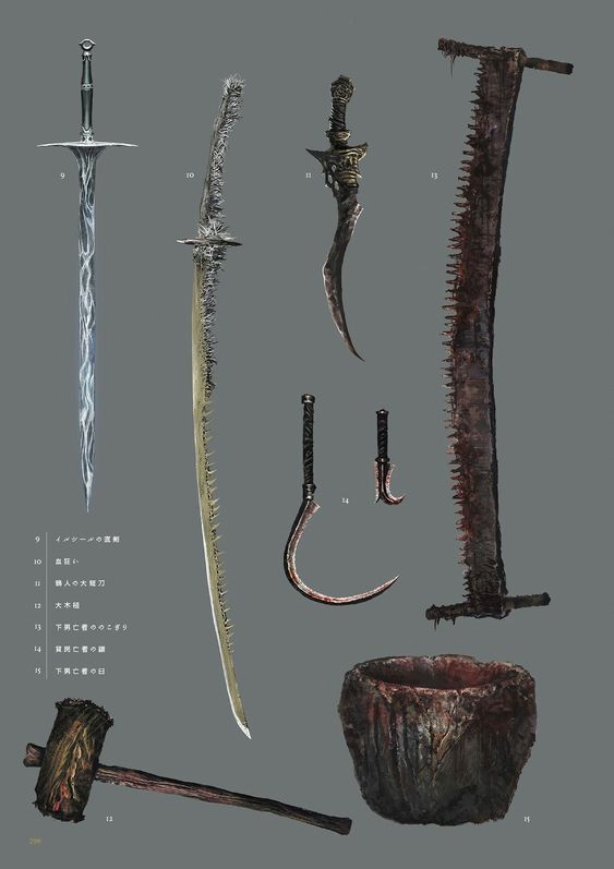 a digital illustration featuring a collection of medievalstyle weapons laid out against a dark gray background. the weapons include a longsword with an intricate hilt, a katana with a serrated edge, a curved dagger, a large saw, a metal hook, a wooden mallet, and a crude wooden bucket. there is japanese text alongside the image, possibly providing names or descriptions of the weapons.  the overall aesthetic is dark and gritty, suggesting a fantasy setting.