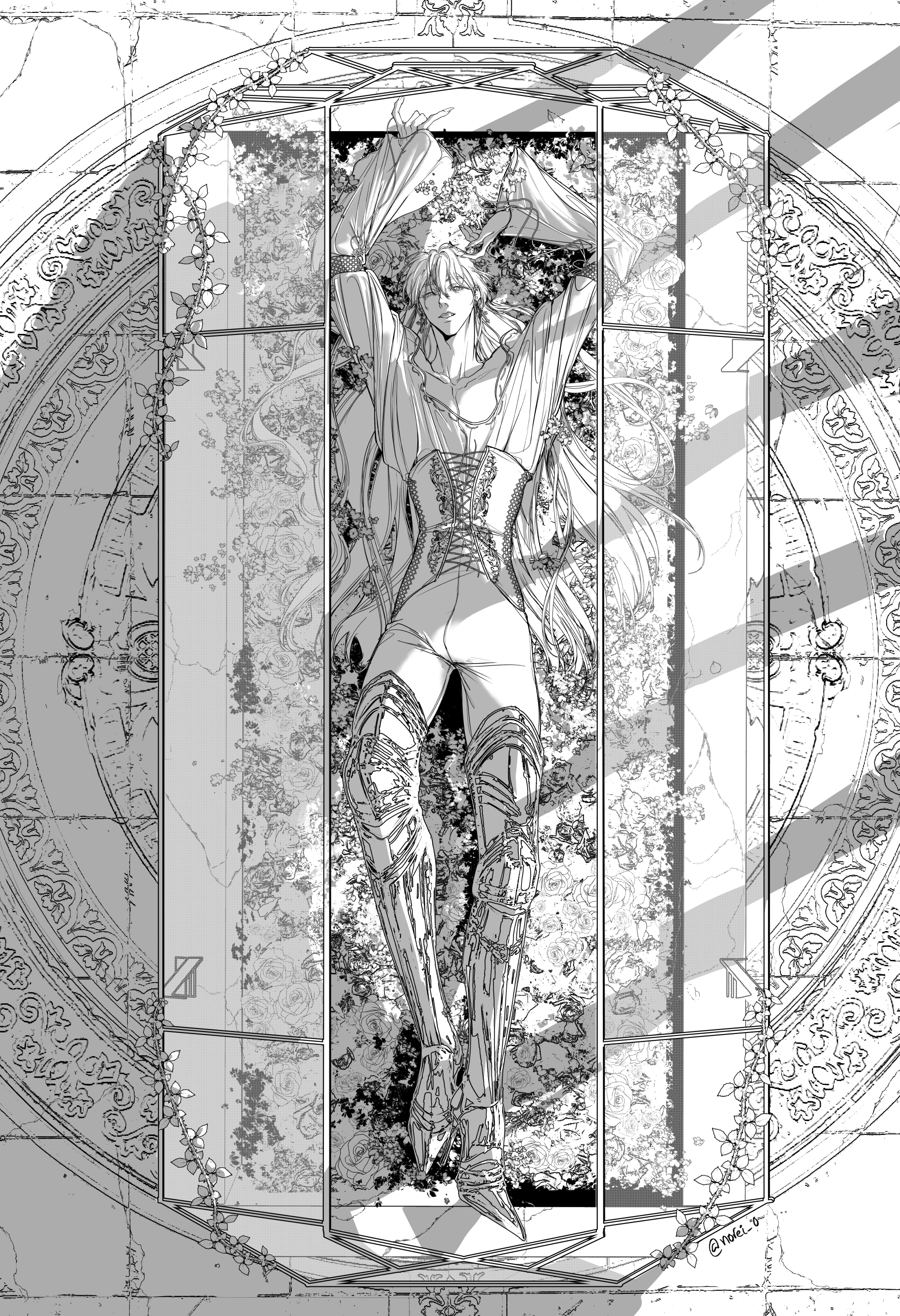 the image is a monochrome mangastyle illustration of a young woman with long hair, reclining in an ornate setting. she is wearing a corset and ornate armor, and the overall aesthetic is gothic and elegant. the background features intricate stonework and decorative patterns, suggesting a fantasy setting. the light and shadow add depth and drama to the composition.