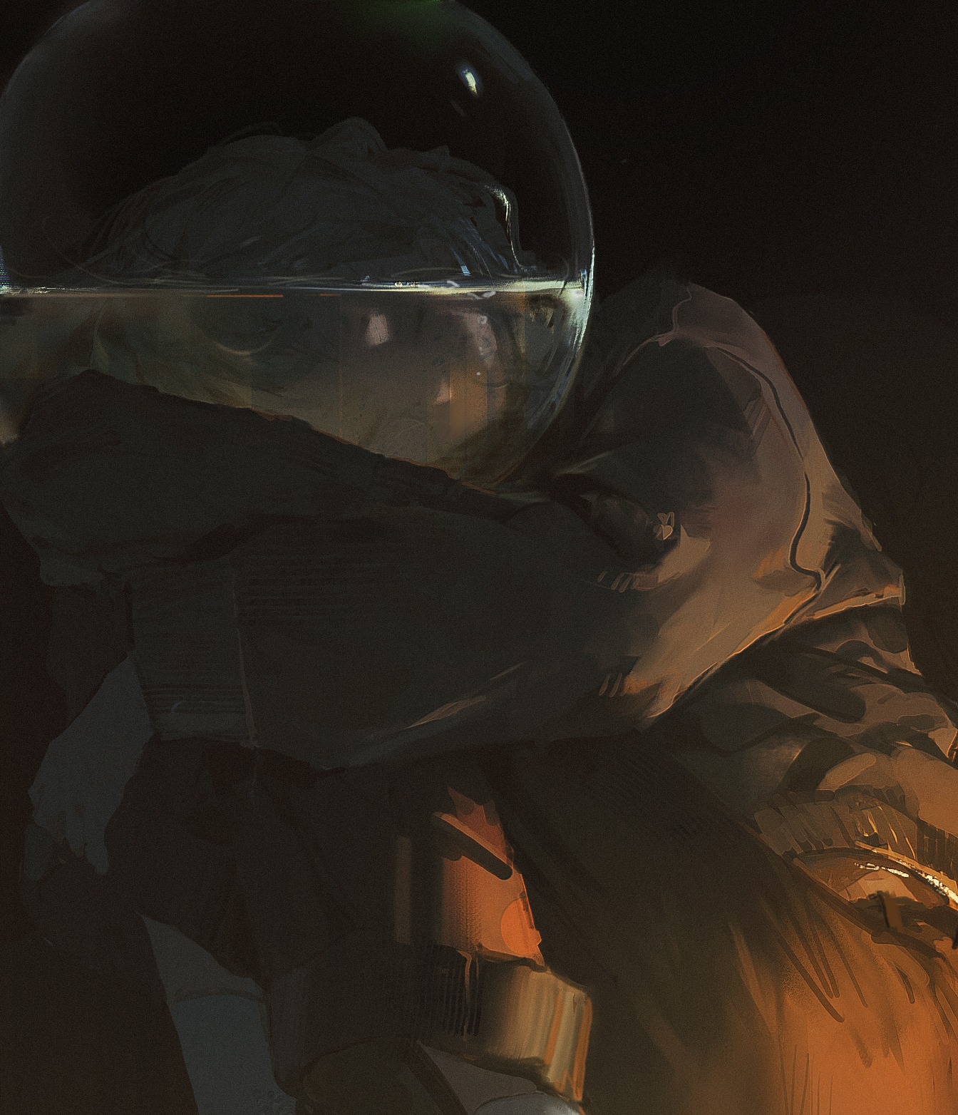 the image shows a person in a fantasy setting, seemingly holding a glass globe, with their head covered and seemingly obscured by something or someone in the globe,  the color scheme is dark and mysterious, suggesting a sad or lonely feeling. the face is somewhat obscured, but you can see the person is thoughtful and somewhat sad. the overall feeling is of a lone person, perhaps lost in thought or deep in sadness.