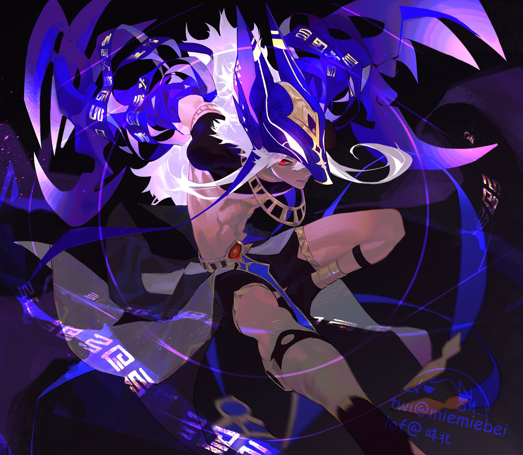 an anime character is depicted in a fierce pose, radiating blue and purple energy. the character's costume is a blend of blue and black, with a large, golden collar, and white hair that flows behind them. their face is covered by a blue and white mask, and their eyes glow red, creating a dramatic and menacing expression.  the character seems to be in a magical battle, with swirling energy and symbols around them.