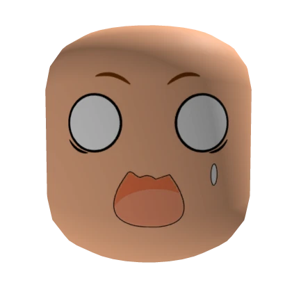 a 3d rendered roblox face with a shocked or surprised expression. the face has brown skin, wide empty eyes, raised eyebrows, and an open mouth. a small tear drop is visible on the cheek. the background is black.