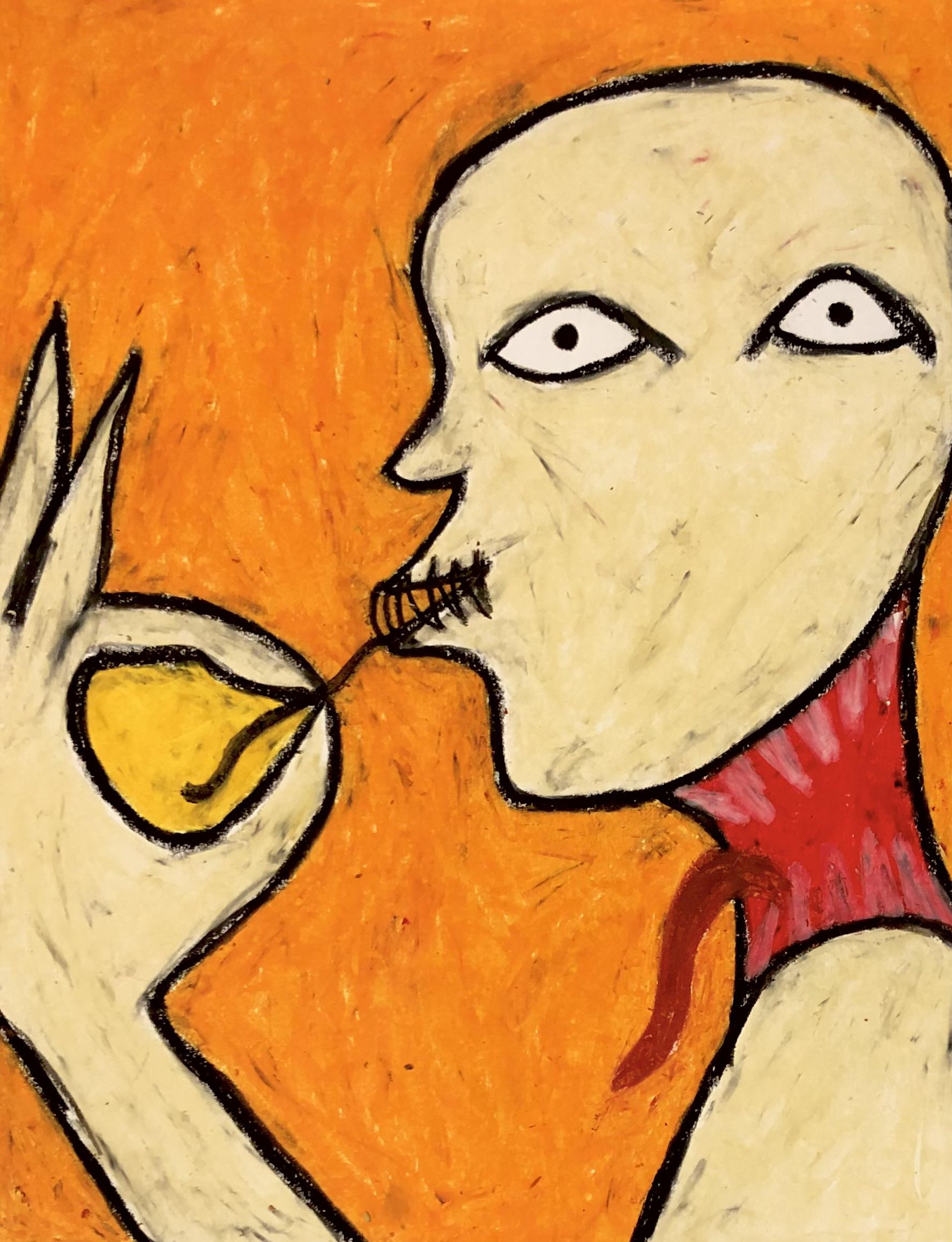 he image is an abstract and expressive portrait created with pastel or crayon.  the style is reminiscent of naive or primitive art. the main subject is a stylized human face with exaggerated features.  the face is pale with large, dark eyes, and a mouth that appears to be stitched shut. the figure is depicted holding a yellow pearlike object to their mouth with a thin line seeming to connect the fruit to the mouth. the figure wears a red scarf or collar around their neck. the background is a vibrant orange. the overall aesthetic is bold and somewhat unsettling, with a childlike quality combined with elements of surrealism. the texture of the drawing medium is visible, contributing to its raw, expressive feel.