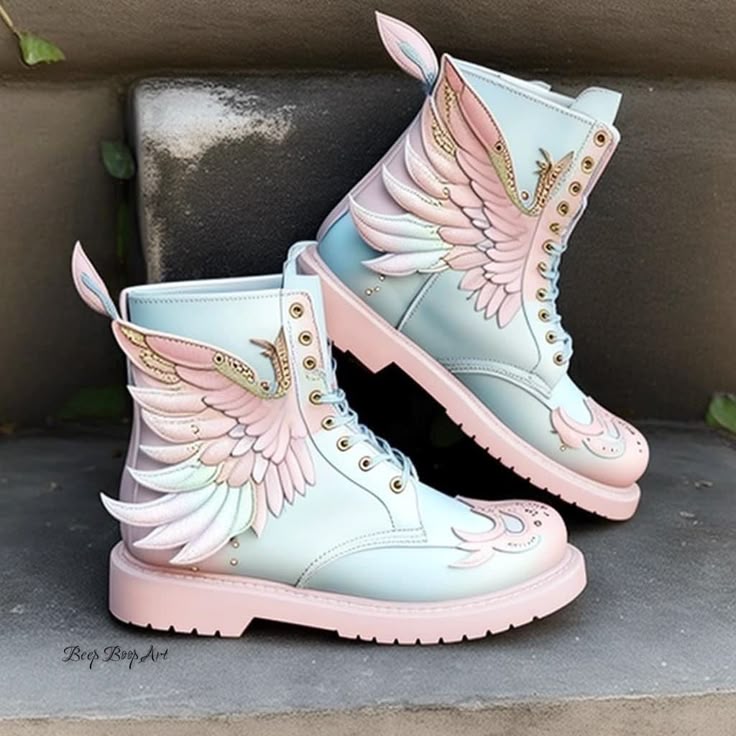 the image shows a pair of light blue leather ankle boots with pink soles and decorative wings attached. they are laceup combat boots with gold eyelets and whimsical wing designs. the image is taken outdoors, with the boots sitting on a stone surface, adding to the aesthetic appeal.