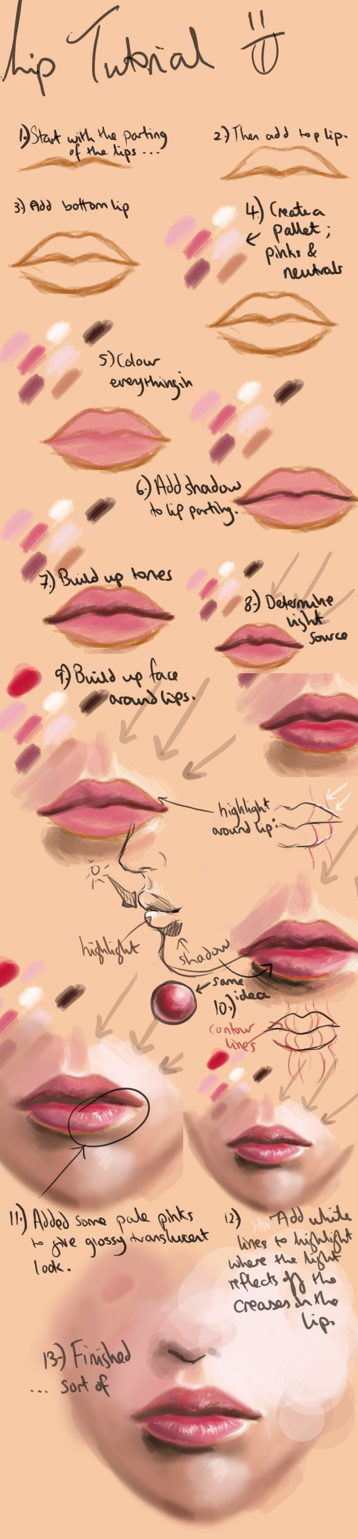 a tutorial image depicting the stepbystep process of drawing realistic lips. the image showcases various stages, from the initial outline to the final, detailed illustration, utilizing different shades and highlighting techniques. it provides a clear and concise guide for aspiring artists to understand and replicate the process of drawing lifelike lips.