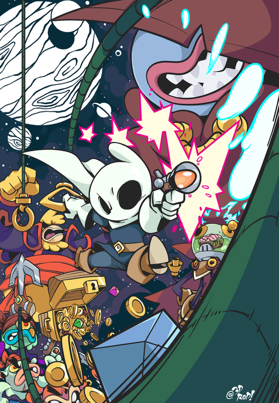 this is a comic book illustration set in space. the main character is a white ghostlike figure with a black eye, he's shooting his gun at the viewer, there is a treasure chest on the lower left side of the picture with gold coins and gems spilling out of it. in the background is a green and blue planet with rings around it. there are many different characters in the image including robots, pirates, and aliens. the image is set in a bright colorful style. the art style is very vibrant and dynamic.