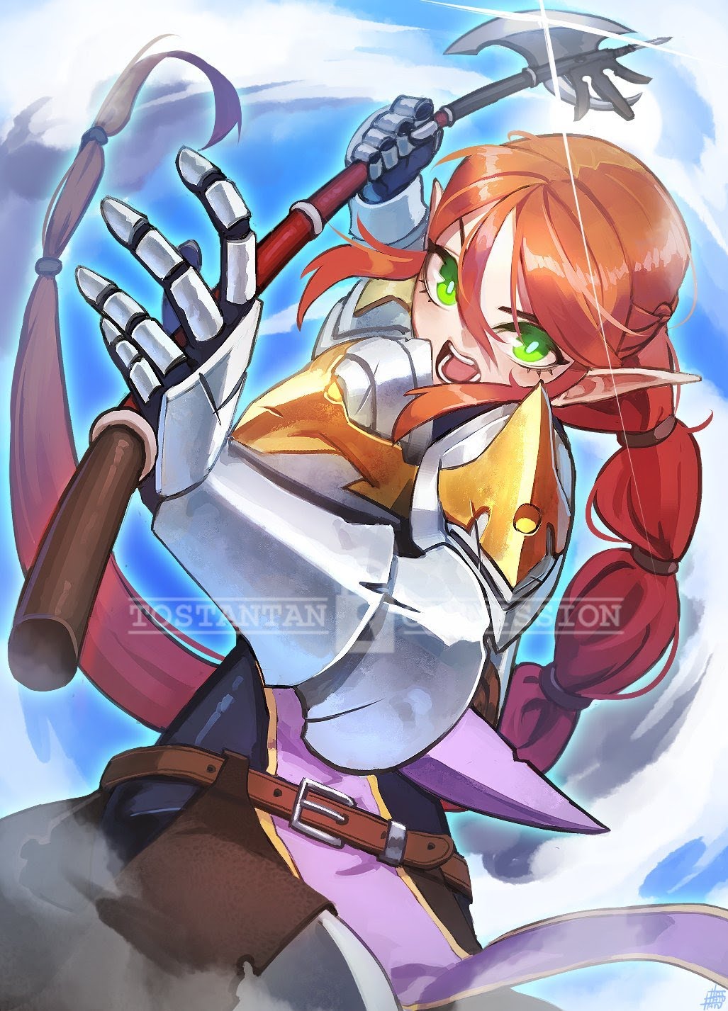 the image depicts an anime warrior girl, clad in armor and wielding an axe. she has fiery red hair, a determined expression, and bright green eyes. she is swinging her axe with a dynamic pose, suggesting action and movement. the art style is vibrant and detailed, with a focus on dynamic lines and vibrant colors. the background is a blur of light blue and white, creating a sense of speed and motion. the overall image is a captivating display of a powerful female warrior ready for battle.