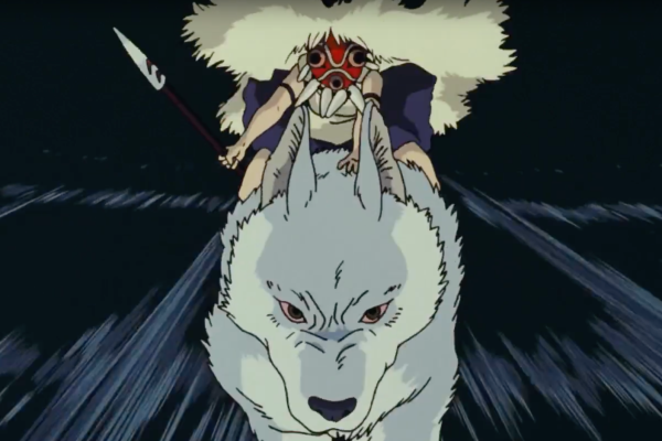 a character wearing a red mask, white fur and holding a spear is riding a giant white wolf in the night. the background is blurred with motion.