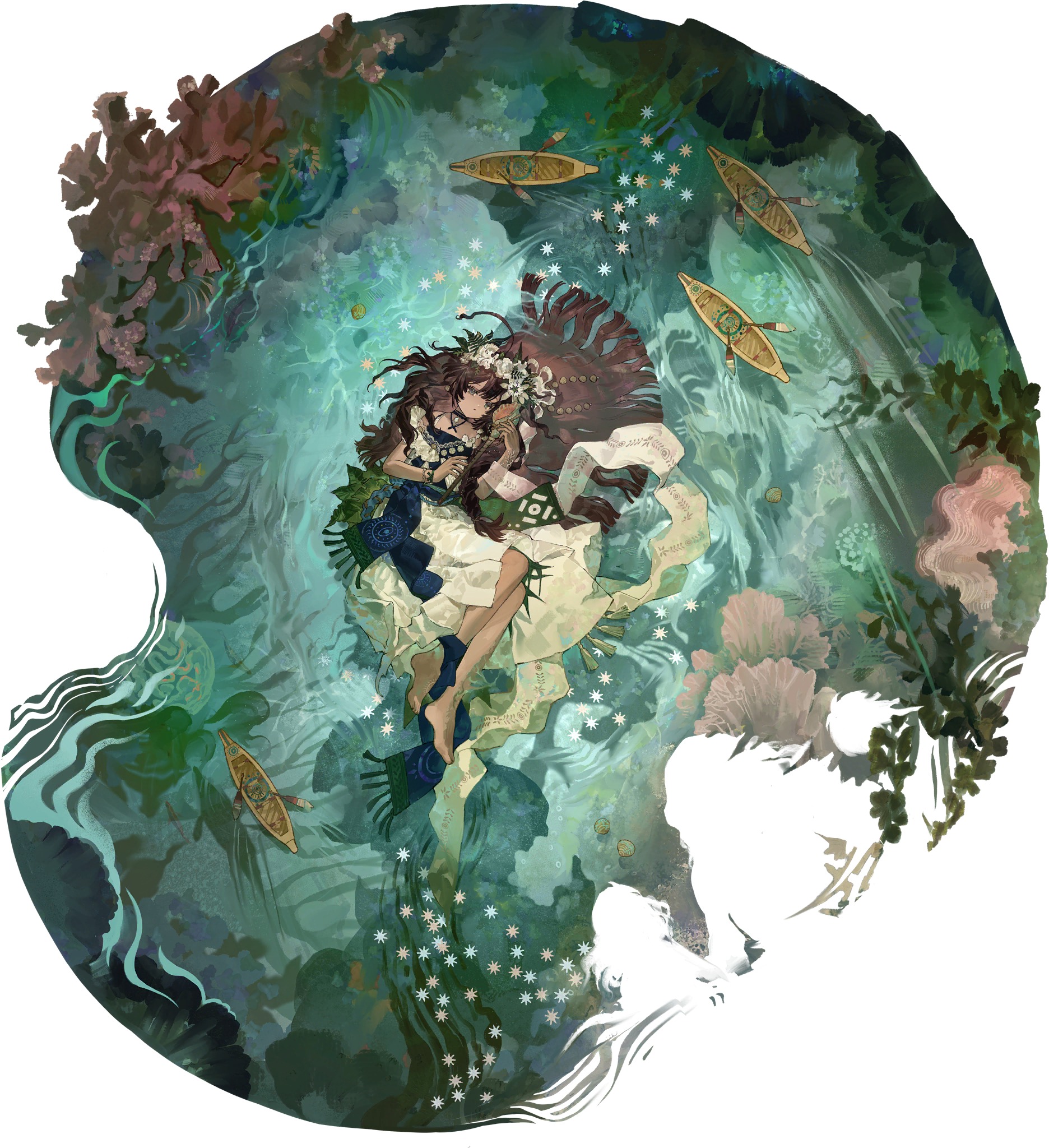 the image is a digital painting or illustration depicting two young women embracing and floating serenely in an underwater scene. they appear to be lightly clothed in flowing, white and dark garments. the water is a calm, teal and green color, filled with aquatic plants, corallike formations, and small, white, starlike elements.  several small, wooden boats are also visible in the water. the overall style is whimsical and dreamlike, with soft colors and a sense of tranquility.  part of the artwork is partially obscured by a white silhouette suggesting movement or transition. the style is suggestive of fantasy art, potentially for a game or book cover.