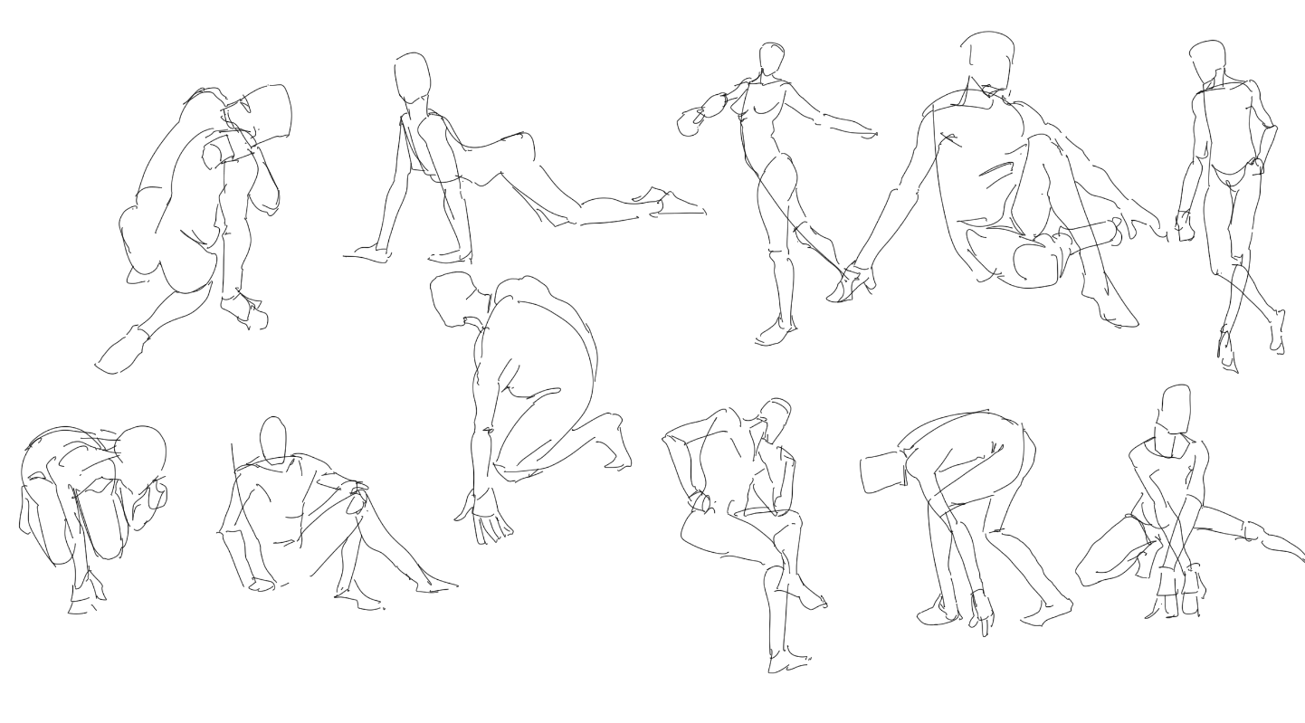 the image shows a collection of twelve quick gesture drawings of human figures in various dynamic poses. the drawings are simple line art, focusing on capturing the movement and flow of the body rather than detail.