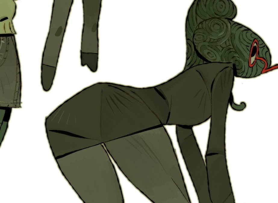 the image is a stylized cartoon illustration featuring two distinct female characters.  the character in the foreground is predominantly dark olive green, with an unusual, swirling hairstyle and red glasses. she is depicted in a crouching or bending pose, wearing a dark dress that accentuates her form.  the style is highly abstract, with simplified forms and muted color palette.  in the background, a smaller figure is partially visible, wearing pants and a top, giving context to the style of the main character. the overall aesthetic is whimsical and artistic, with a strong emphasis on character design and unique visual style. the image seems to be digitally created with a handdrawn or painted texture.