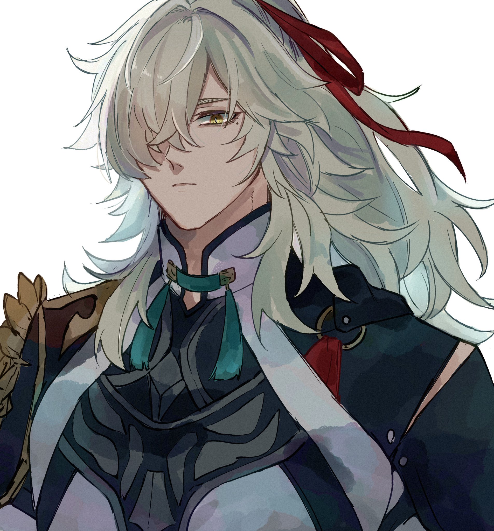 a drawing of a male anime character with long white hair and green eyes. he is wearing a black armor, white robe, and a green scarf. he has a red ribbon in his hair. the character is looking down with a sad expression. the background is white.