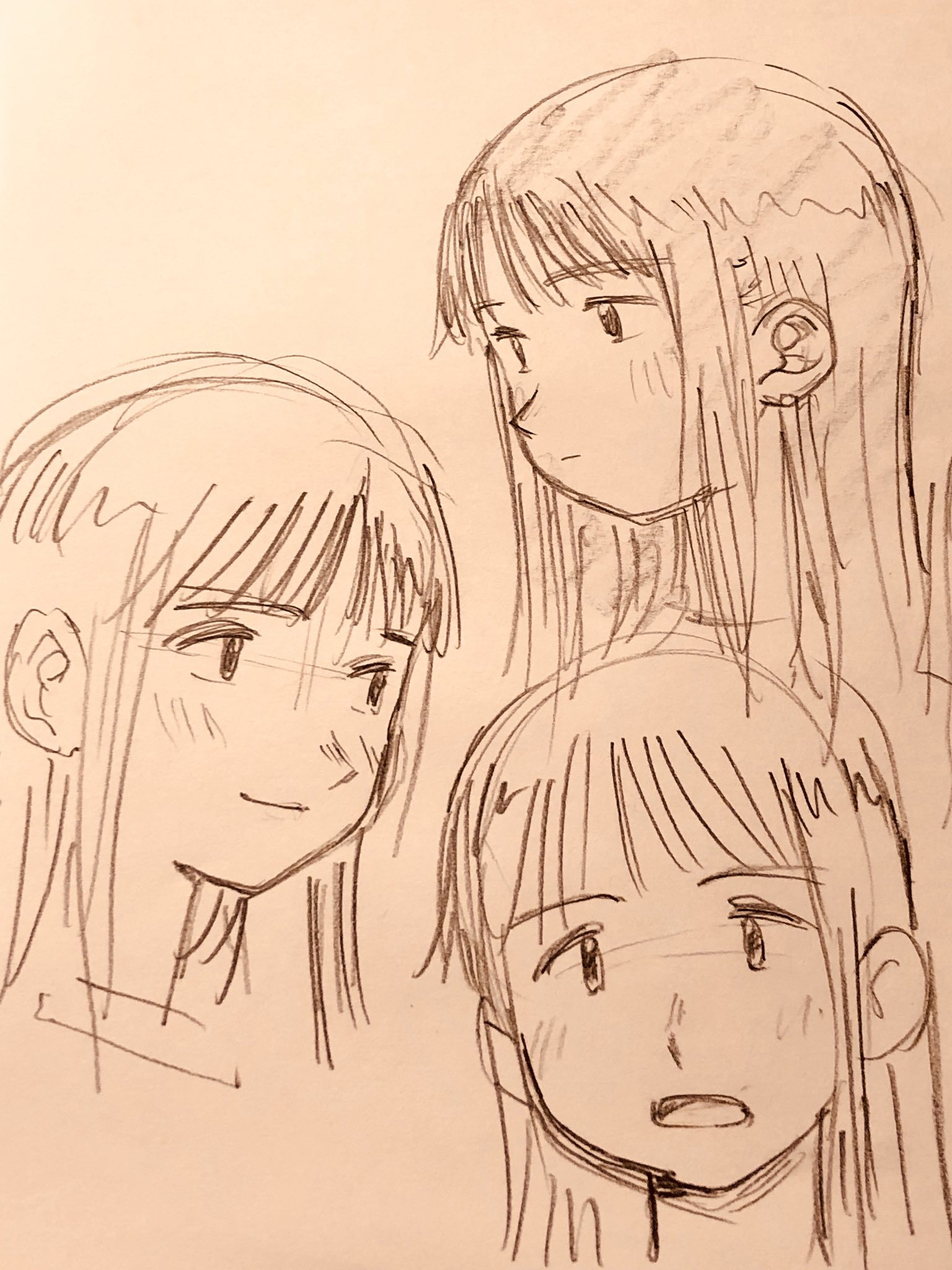 this is a pencil sketch showing three different views of a female face.  the faces have large eyes, long straight hair with bangs, and appear young and friendly.