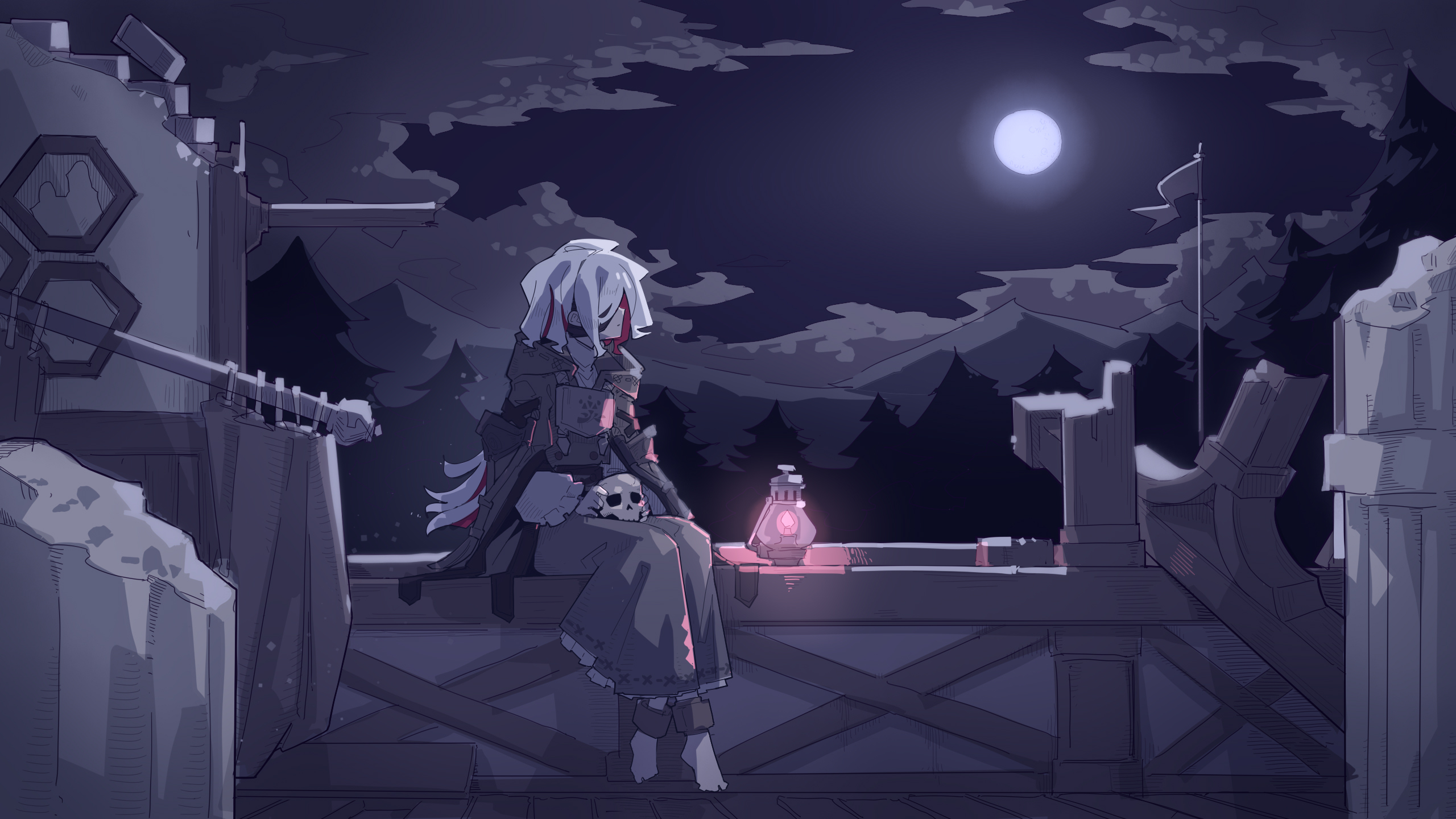 an anime girl sits on a platform at night with a skull in her lap and a lit lantern beside her. in the background are tall trees, a tower, a moon, and a gun.