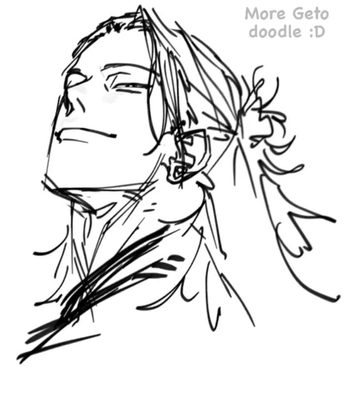 a black and white line art drawing of a manga character named geto suguru from the anime series jujutsu kaisen. the drawing is a sketch with a lot of detail. the character is looking upwards, with a slightly amused expression. the lines are very detailed, especially in the hair.