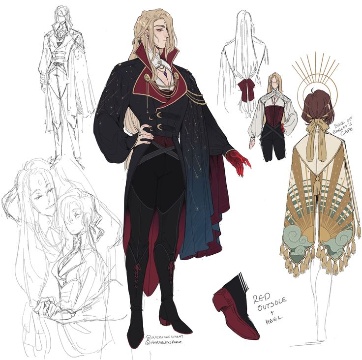 the image showcases a comprehensive character design, possibly for a game or animation. it features a central figure: a male character with long blonde hair, wearing a dark, elegant outfit with a red and darkcolored cape. the outfit incorporates various details, such as a starpatterned fabric and unique boot designs.  several supporting sketches are included: alternative clothing options, back views, and closeups of details like the footwear. there are also sketches of other characters in similar styles. the design aesthetic suggests fantasy or perhaps a period piece.  the style is detailed and professional, indicating concept art for a larger project.  annotation regarding the sole and heel of a shoe is also present.