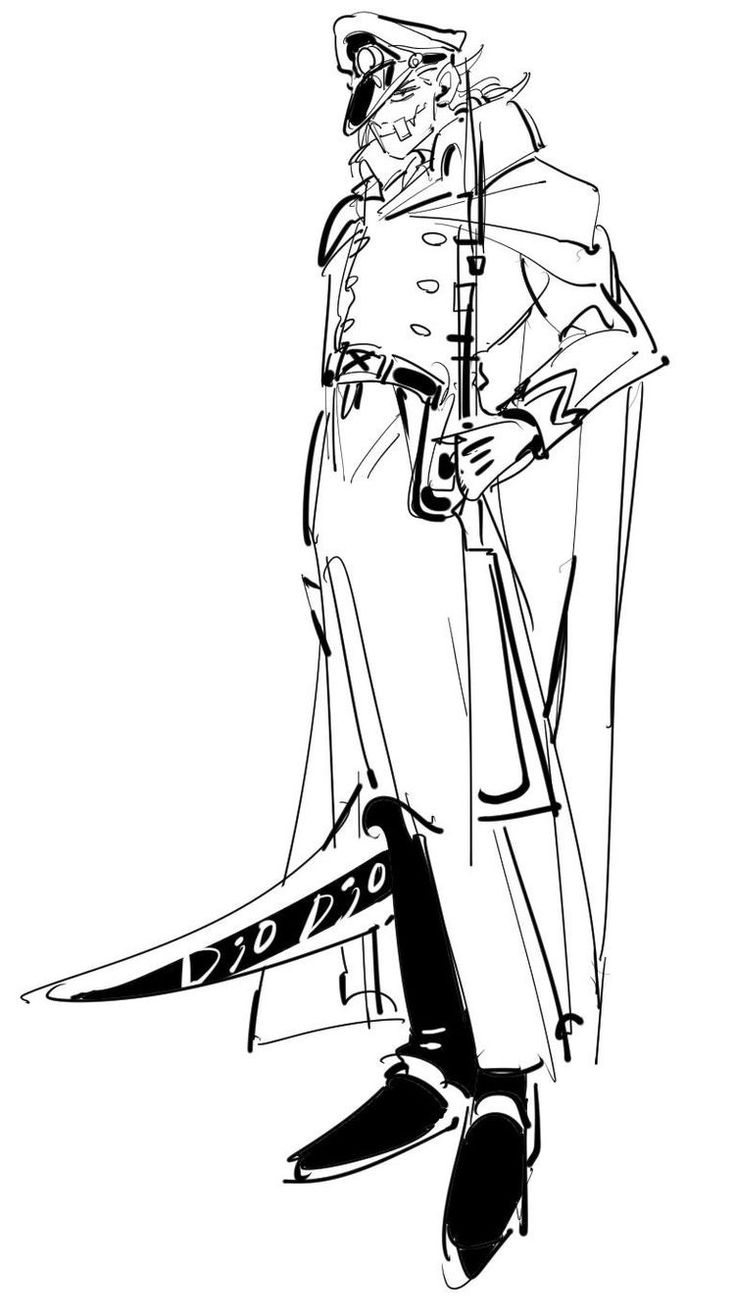 a black and white sketch of an anime character with a serious expression. the character is wearing a military uniform with a hat, cape, and boots. he is holding a pistol in his right hand. the character is standing in a pose that suggests he is ready for action. the drawing is done in a dark and shadowy style.