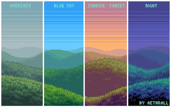 the image shows four pixel art depictions of the same mountain landscape under different lighting conditions, representing overcast, blue sky, sunrise/sunset, and night. each panel showcases a distinct color palette and atmosphere, highlighting the impact of light on the perception of the environment.