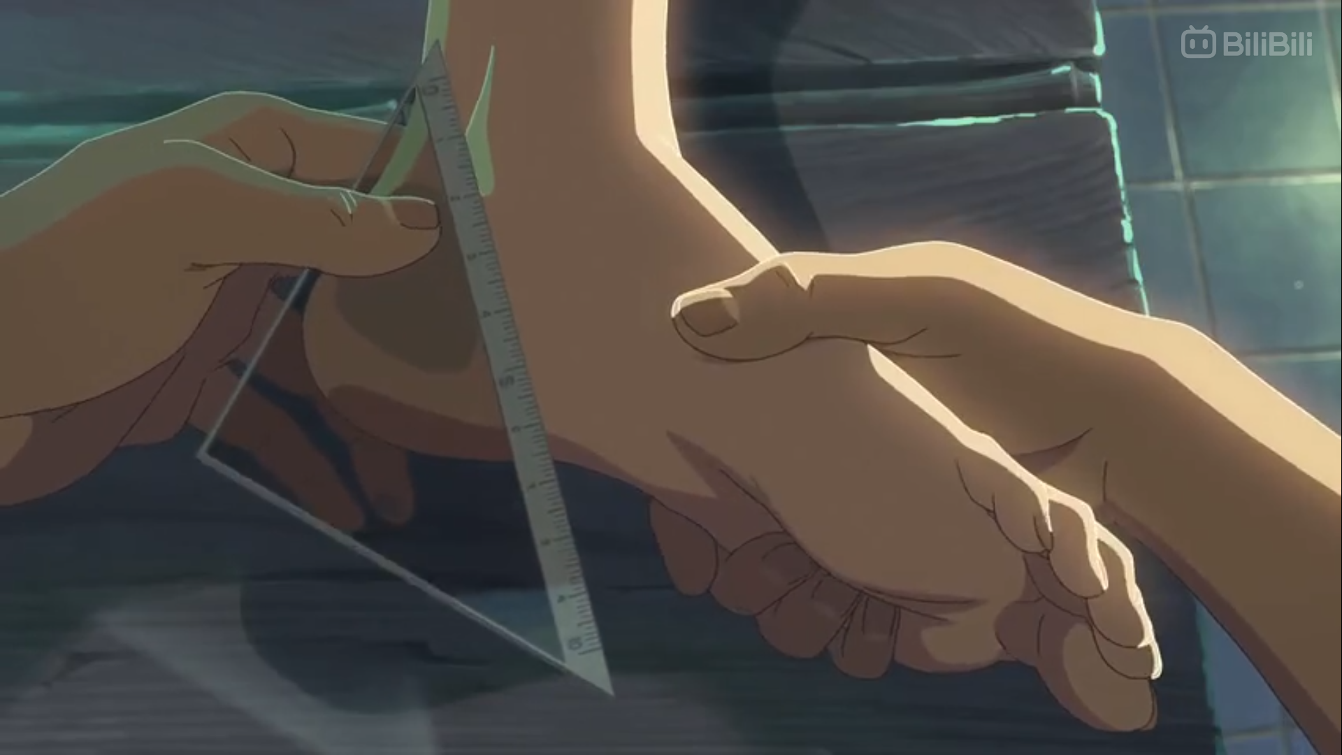 the image shows a closeup of two pairs of hands interacting. one person is gently holding another person's foot, while the other hand holds a triangular ruler against the top of the foot, as if taking a measurement.  the scene is warmly lit, suggesting an intimate and trusting relationship between the two individuals. the background features a wooden floor and soft, diffused lighting.
