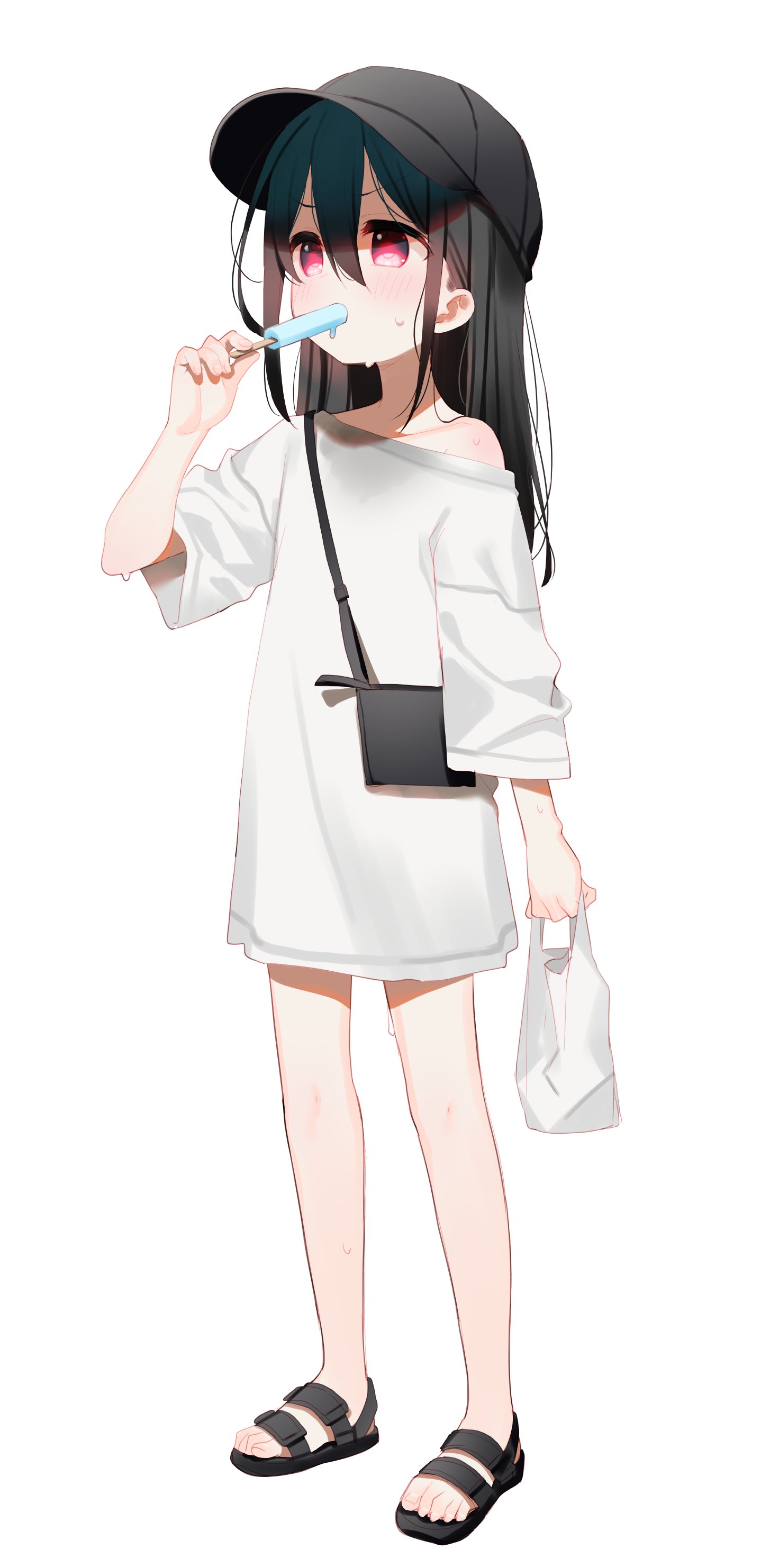 he image is a digital illustration of a cute anime girl. she has long black hair, and is wearing a black baseball cap, a white oversized tshirt, black sandals, and a small black crossbody bag. she is holding a popsicle and a plastic bag. she is standing and facing slightly to the side. the style is casual and summery. the overall mood is light and cheerful.