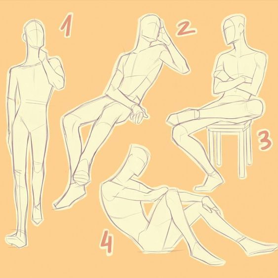 this image shows four drawings of male figures in different poses. the figures are drawn in a simple, gestural style, with only basic lines and shapes to indicate the body. the figures are numbered 1 through 4, and each one is in a different pose, such as standing, sitting, and leaning. the image is likely a practice sheet or a study of human anatomy. the figures are drawn with a focus on capturing movement and flow, and the style is loose and expressive. the image could be used as a reference for artists who are learning how to draw the human figure, or for anyone who is interested in studying human anatomy.