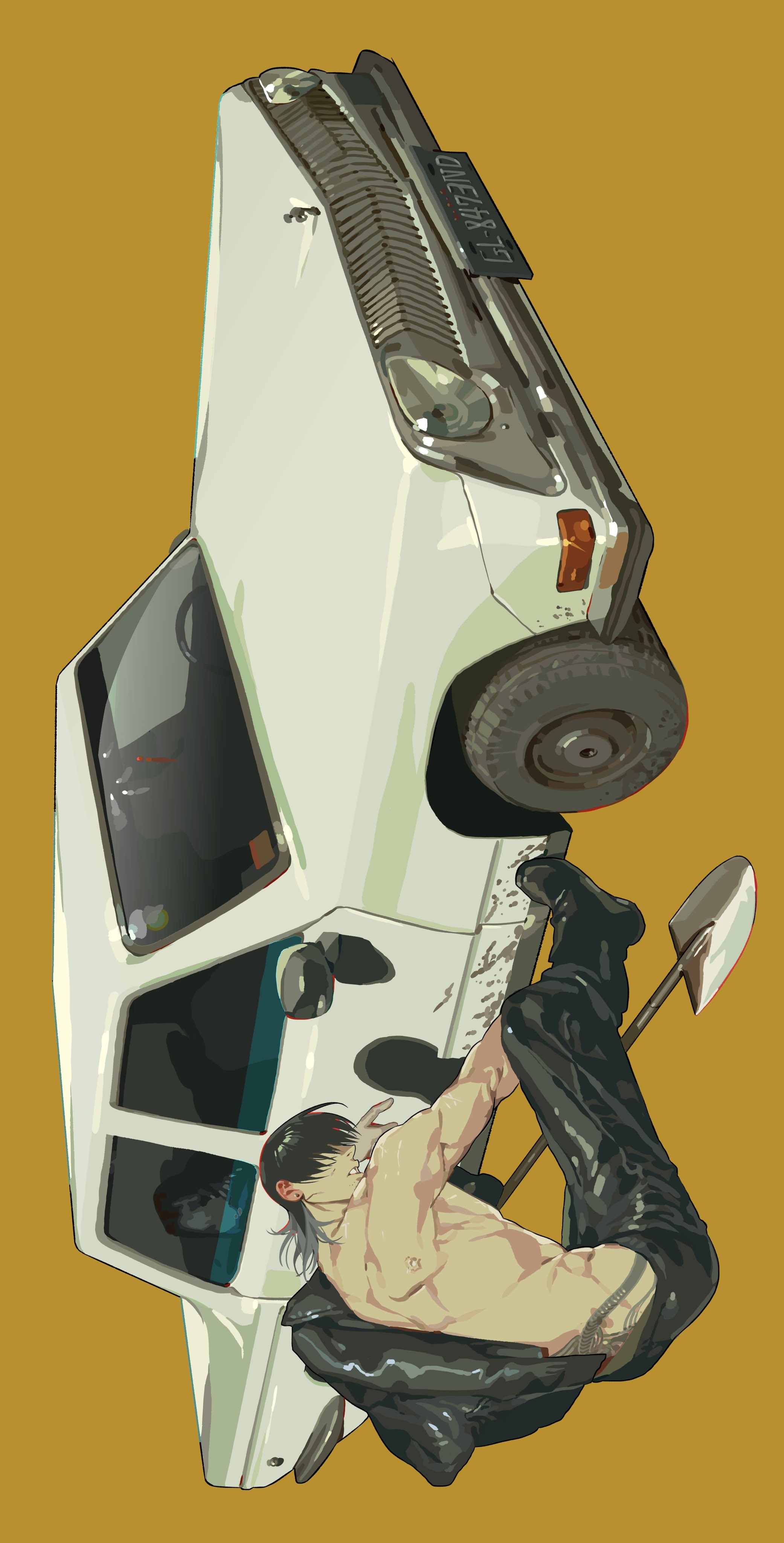 an illustration shows a white car upside down with a shirtless man wearing black pants and boots clinging to the side of the car. there is a shovel next to him. the background is yellow.