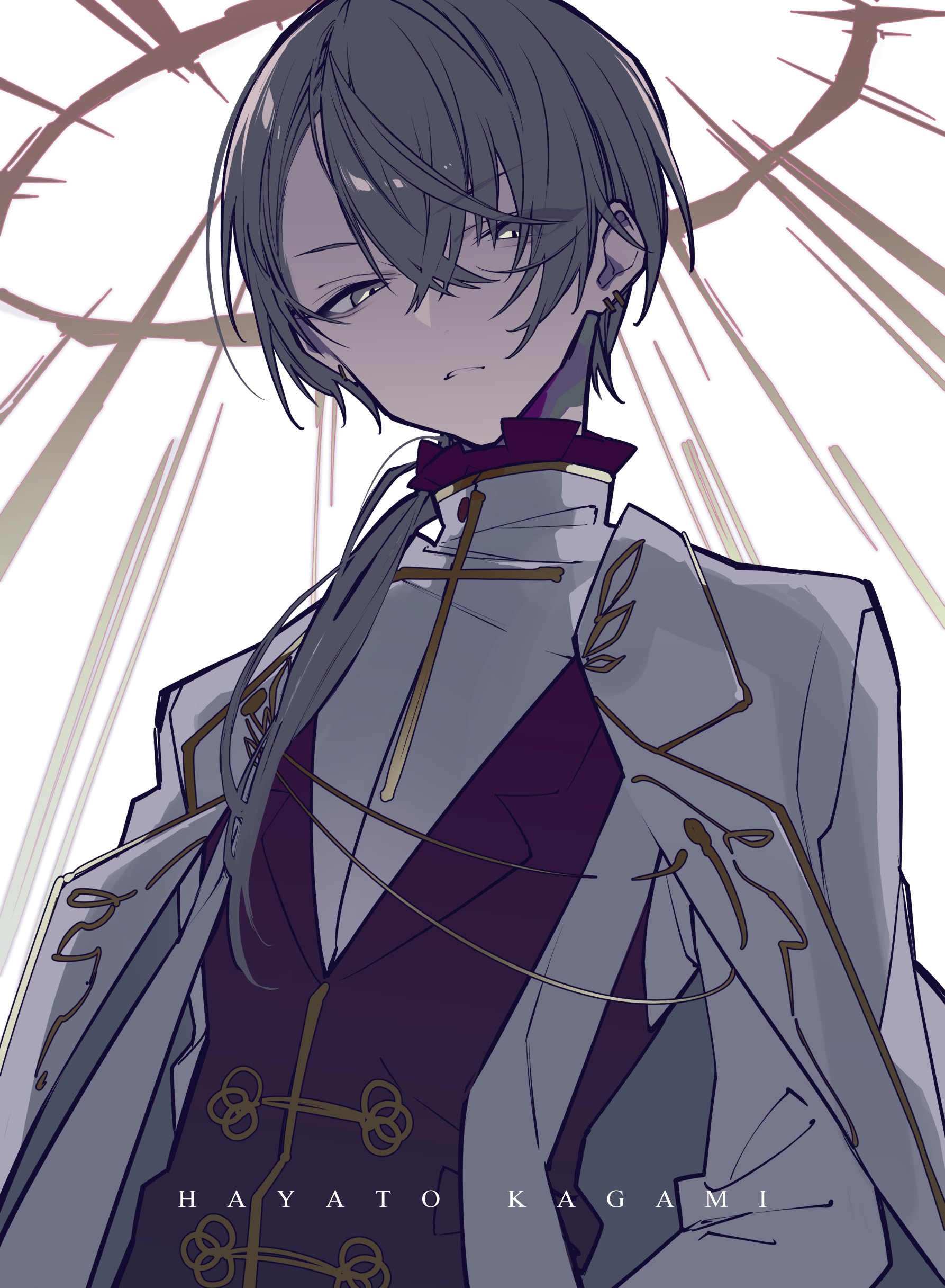 the image depicts an animestyle male character named hayato kagami. he has gray hair, wears earrings, and is dressed in a uniform with gold accents and a cross symbol. his expression is serious.