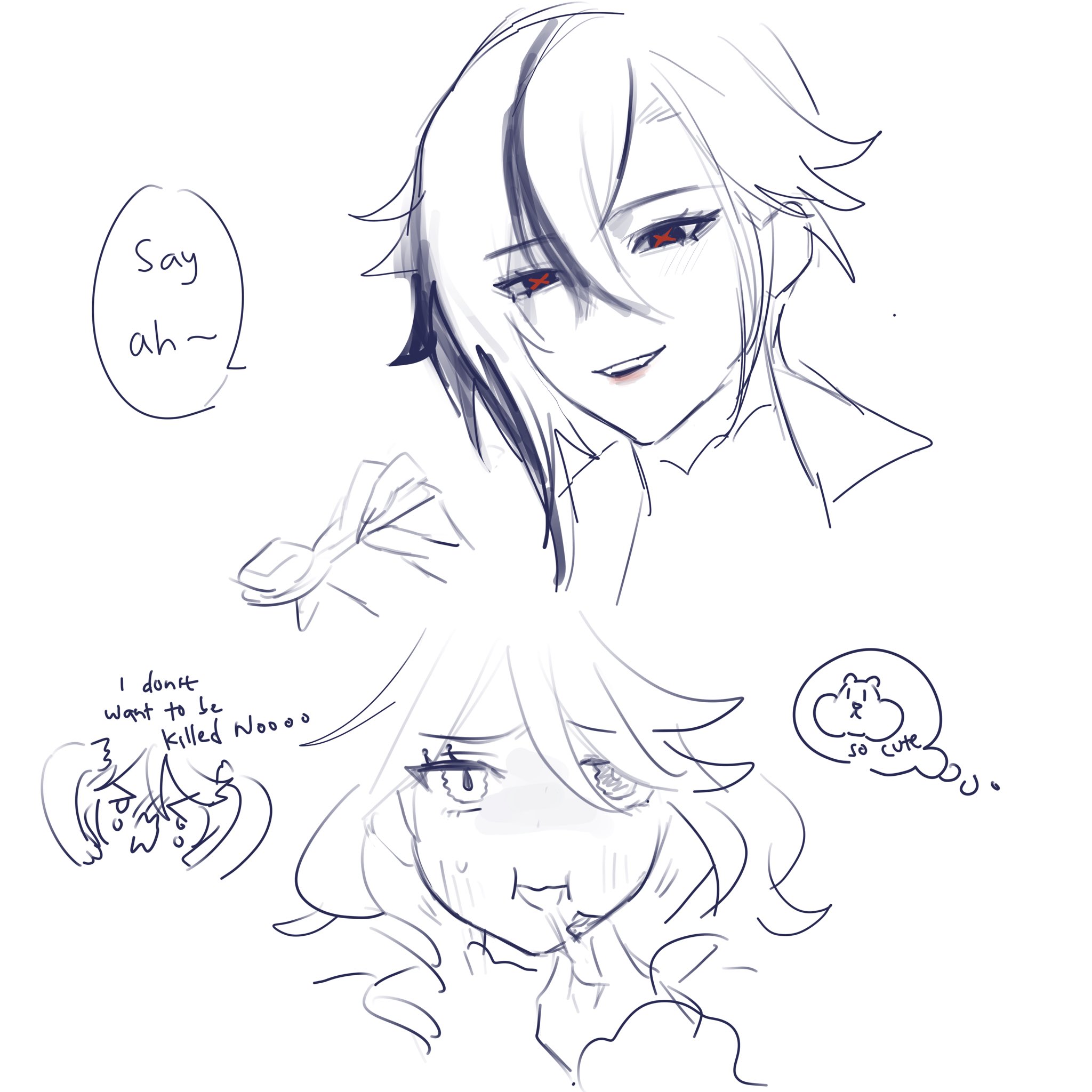 the image shows a couple interacting with each other, a male and a female character. the female character is shown blushing and her face is turned