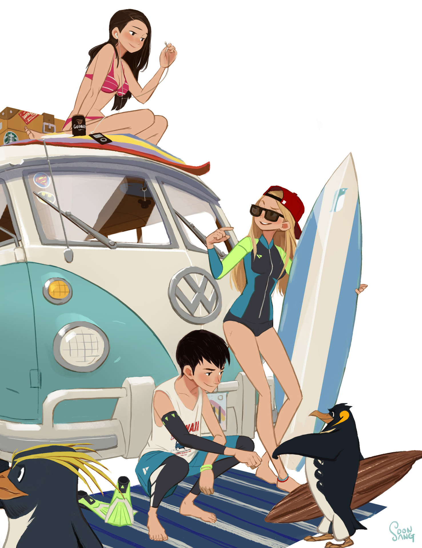 the illustration depicts a group of four friends enjoying a summer day at the beach. a young woman in a pink bikini sits atop their blue and white volkswagen van, while another in a wetsuit and sunglasses stands beside it holding a surfboard. a young man in swim trunks sits on a blue and white striped towel, seemingly preparing his gear with the help of a penguin. another penguin stands nearby. the scene is bright and cheerful, with a clear blue sky implied by the lighting.