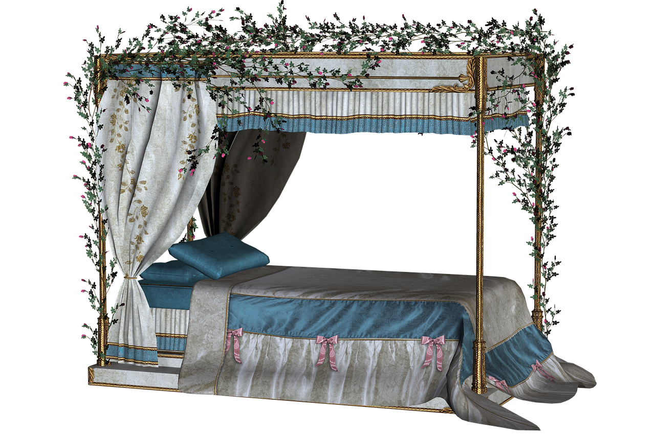 the image features an ornate canopy bed decorated with a floral arrangement. the bed is set against a black background, highlighting its design elements. the canopy bed has a frame adorned with climbing foliage and small pink flowers. the bedding is a combination of white, grey, and blue fabrics with intricate patterns. pink ribbons are tied on the bed skirt, and a blue pillow rests on the bed. the overall impression is of luxury and elegance.