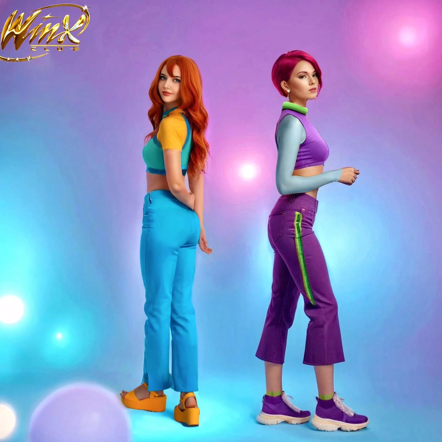 the image showcases two individuals in cosplay, portraying the characters bloom and tecna from the netflix liveaction adaptation of winx club. bloom is on the left, dressed in a vibrant blue outfit with a yellow top and orange hair. tecna is on the right, wearing purple pants with a light blue top and short pink hair.  both costumes reflect the style of the show, evoking a 2000s fashion aesthetic. they are posed against a brightly lit purple background with colorful accent lights, which adds a dramatic and stylish ambiance to the image. the overall style of the photo is modern and fashionable, aiming to capture the essence of the winx club characters in a contemporary setting.