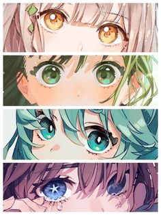 the image showcases four distinct animestyle female characters, each distinguished by their captivating eye colors and hairstyles. the first character, with long, flowing silver hair, possesses captivating goldenbrown eyes. the second character, adorned with vibrant green hair, features captivating green eyes that gleam with life. the third, also with green hair, showcases mesmerizing blue eyes, adding to their allure. lastly, the fourth character, with brown hair, evokes a sense of sadness with their tearfilled blue eyes, hinting at a deeper emotional depth. each character's unique eye design and color palette contribute to their individual personalities and expressions.
