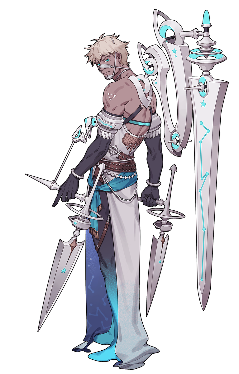 this is a digital illustration of a male character, with short blonde hair, wearing a white robe with a blue trim, and holding two swords, both with silver blades and blue detailing. the character also has a white and blue piece of armor worn across his shoulders with intricate design.