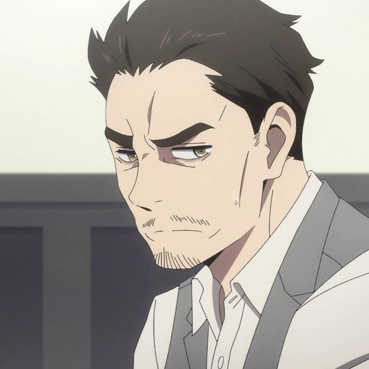 an anime character with dark hair and a serious expression is shown.  the man is wearing a suit jacket, a button down shirt, and a vest. he is frowning, with his eyes slightly squinted. he has a goatee and a moustache.