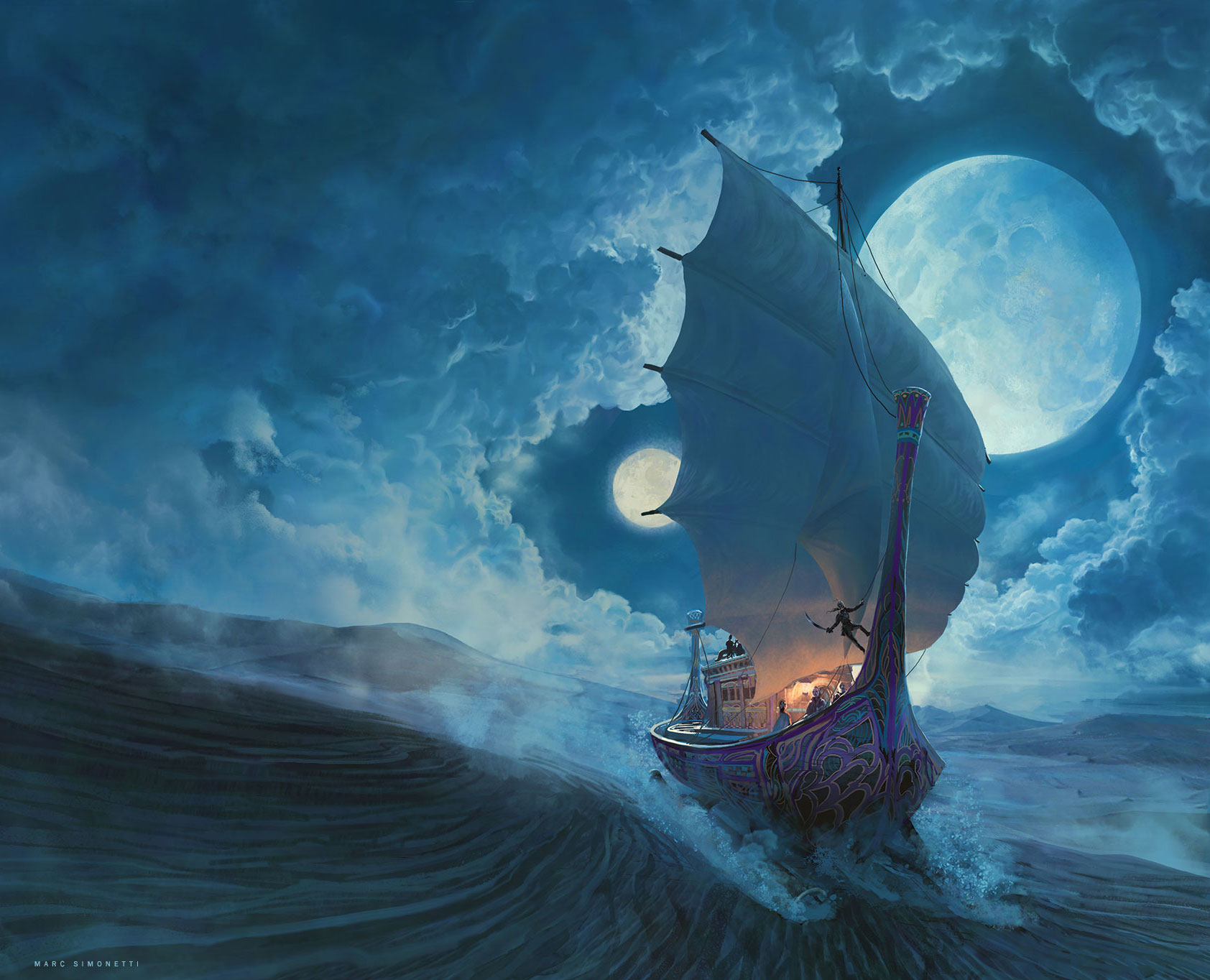 a lone ship, resembling a traditional sailing vessel but adapted for sand with curved hull and oars, navigates a vast desert beneath the light of two large moons. the scene is bathed in cool blue and purple hues from the night sky, contrasting with the warm glow of firelight emanating from within the ship. the ship is intricately decorated, suggesting a rich and perhaps magical culture. the single figure visible on deck, silhouetted against the light, adds a sense of mystery and adventure to the scene.