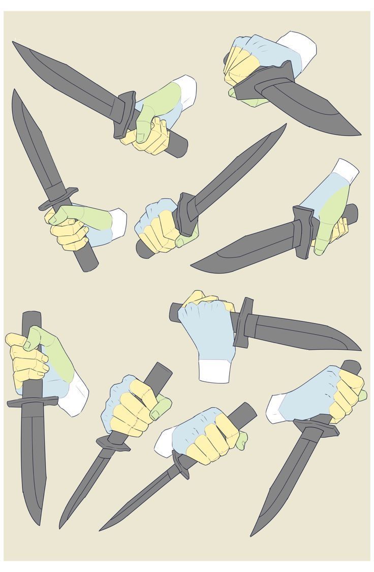 a collection of illustrated hands gripping different types of knives and daggers. the hands are drawn with varying skin tones and are positioned in different angles and poses, displaying the knives.
