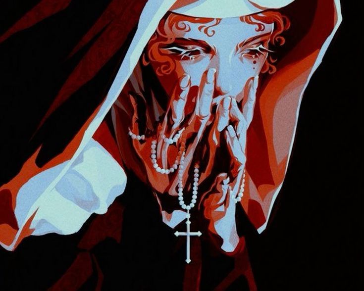the image depicts a stylized portrait of a nun with her hands covering her face in apparent sorrow. the nun is depicted in a dramatic chiaroscuro style with a mostly red and blue palette, emphasizing the rawness of her emotions. she is wearing a habit and clutching a rosary with a prominent cross. the overall tone suggests a conflict between faith and despair.