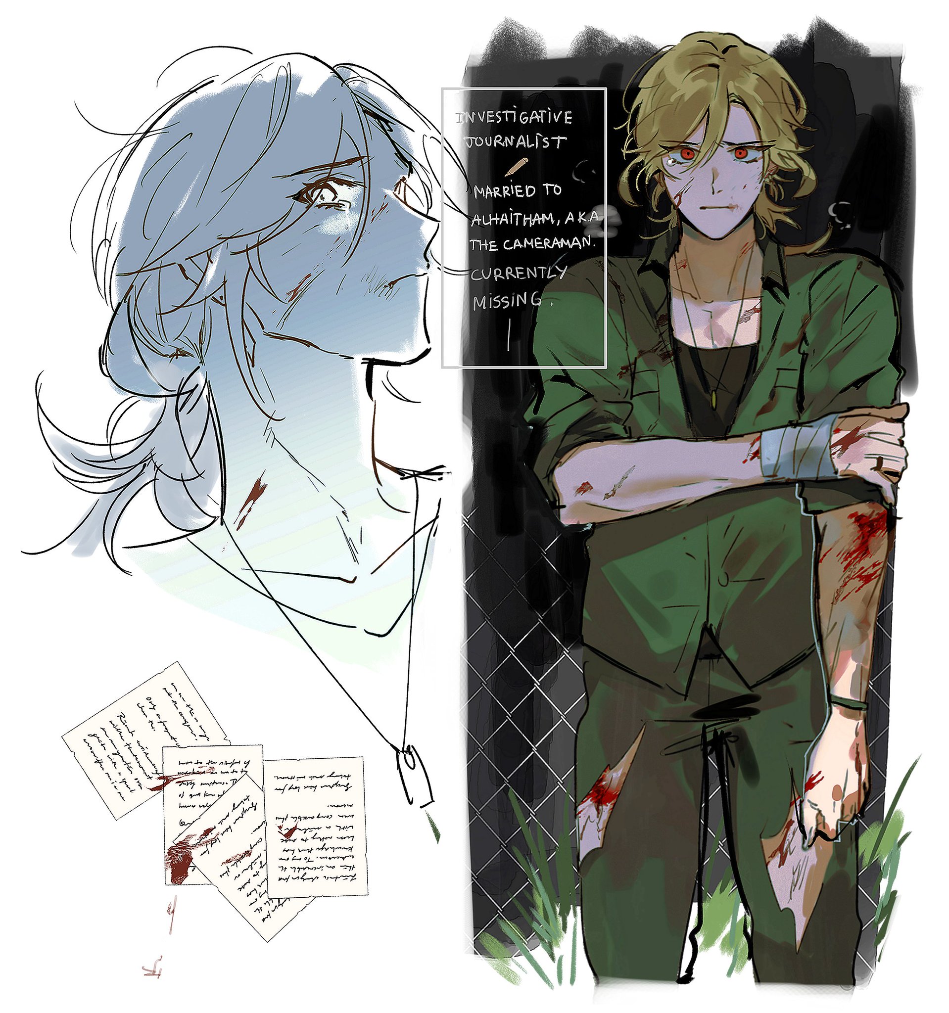 this is an illustration of an anime character in the style of a manga comic. the character is a man with long white hair and green eyes, he is wearing a green shirt and black pants. he has many injuries on his body which are bleeding. the illustration is dark and dramatic and features a distressed character looking worried with a worried expression. the background is a dark and gloomy alleyway with a metal fence behind him, and a note attached to the fence describing the man as an "investigative journalist, married to alhaithem, aka the cameraman, currently missing". the image suggests a story of mystery, crime and suspense.